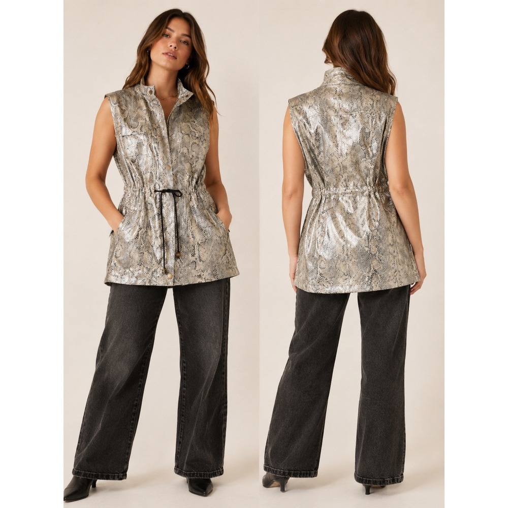 AMI Utility Vest Womens L Silver Snake Print Excellent Metallic Foil Y2K Zip
